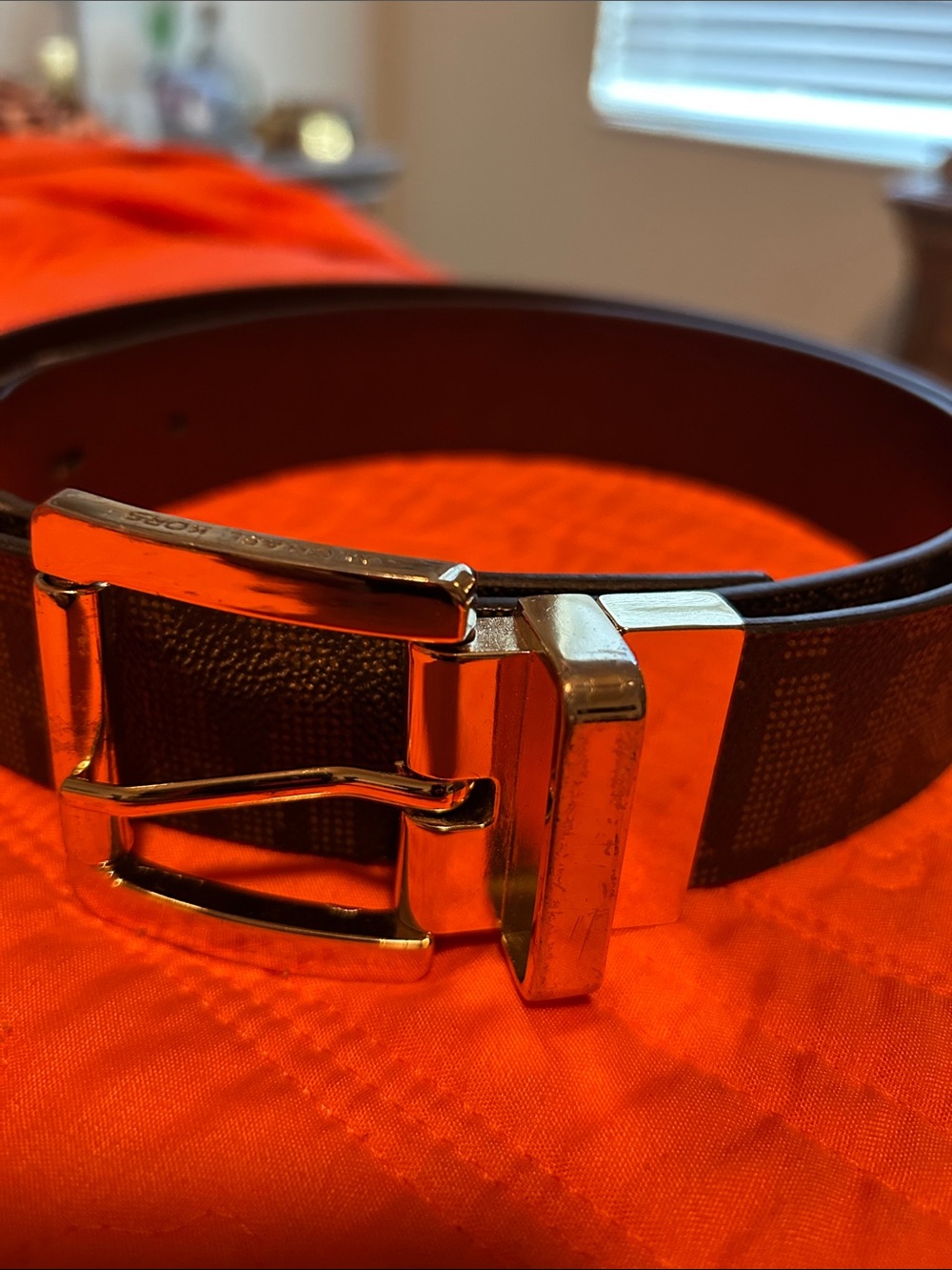 Ladies Leather Belt with Gold Buckle - Brown Michael Kors